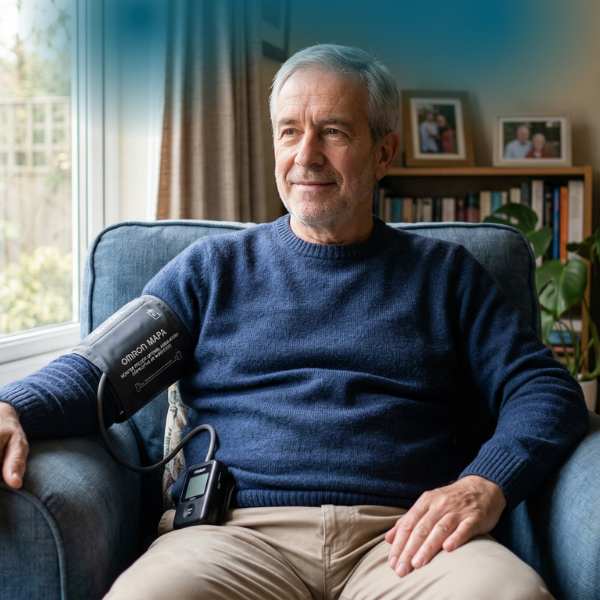 An older man sitting on a sofa at home measuring his blood pressure with an Omron blood pressure monitor cuff on his arm
